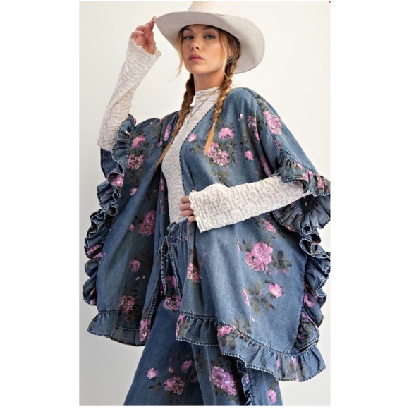 Easel Medium Wash Floral Print Tercel Ruffle Detail Open Front Cardigan - Picture 1 of 5